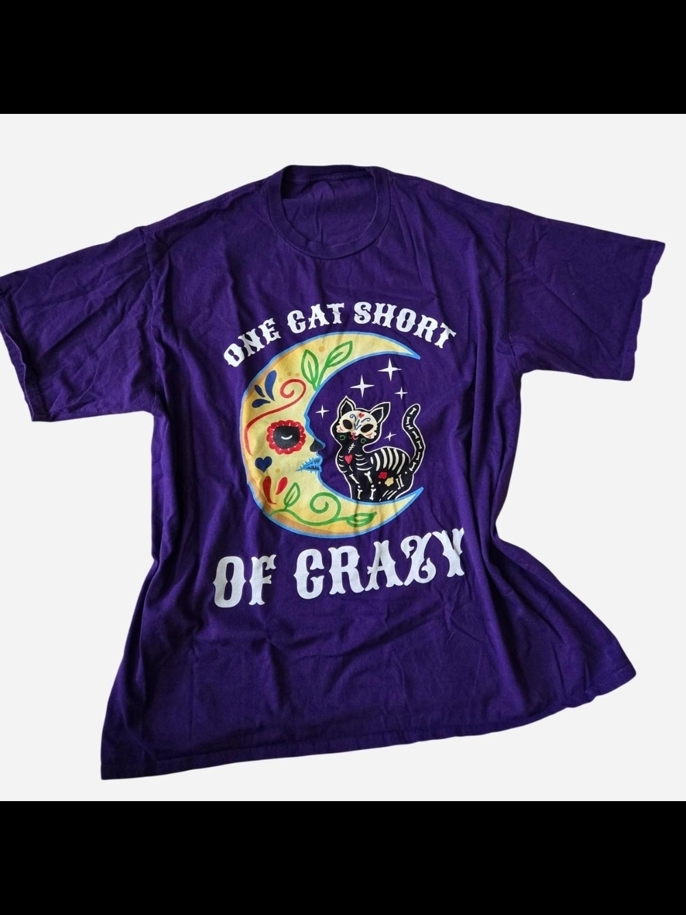 Purple Cat Graphic T-Shirt - One Cat Short of Crazy
